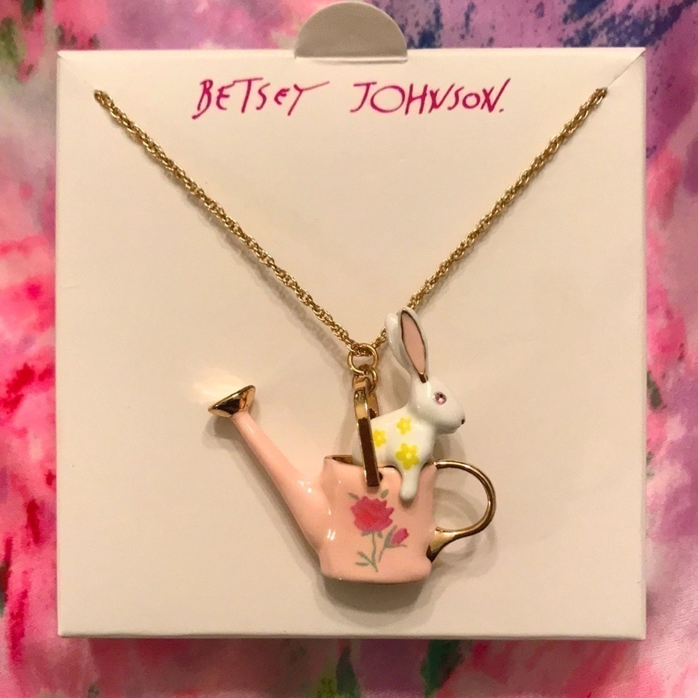 Brand New Betsey Johnson Watering Can Bunny Slider Long Pendant Necklace Easter - Picture 10 of 10